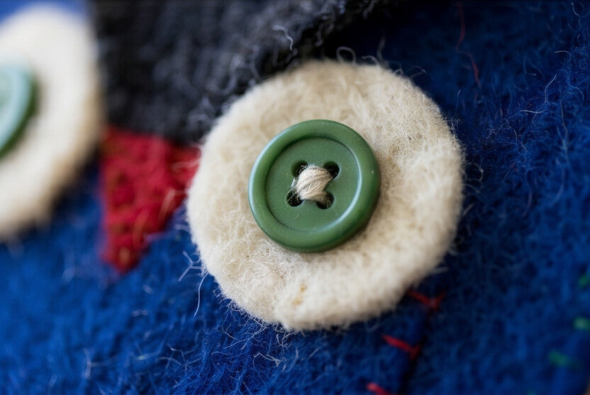 Close-up of a handmade wall decoration made from wool blanket cuts.