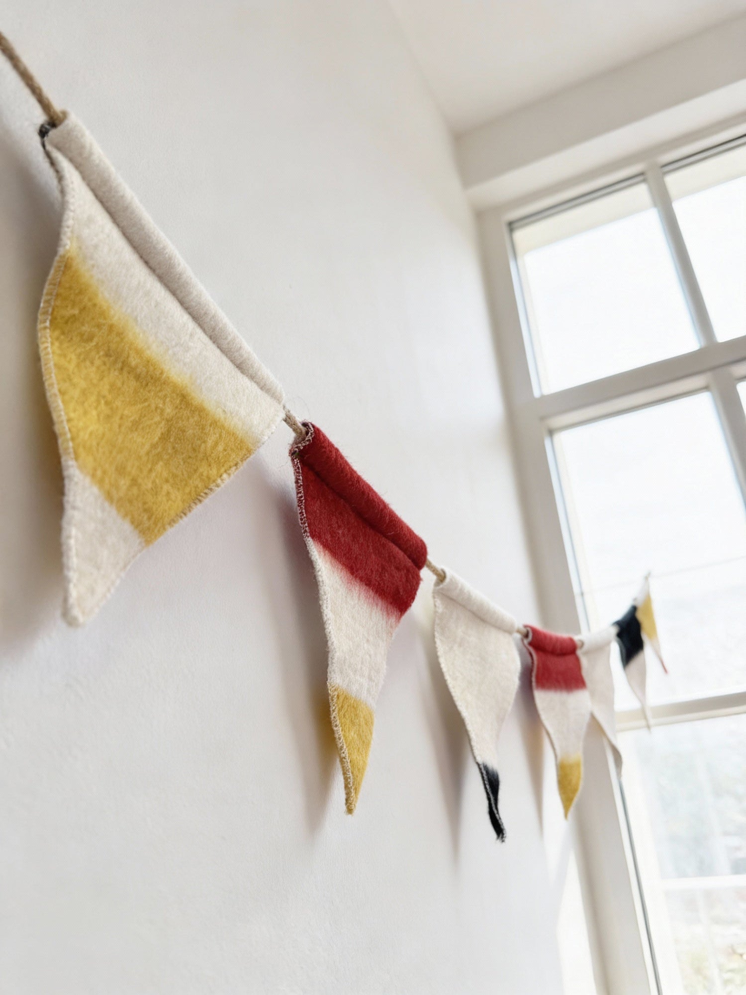 Home wall decor buntings or wall hangings, upcycled from pure wool stripe blankets