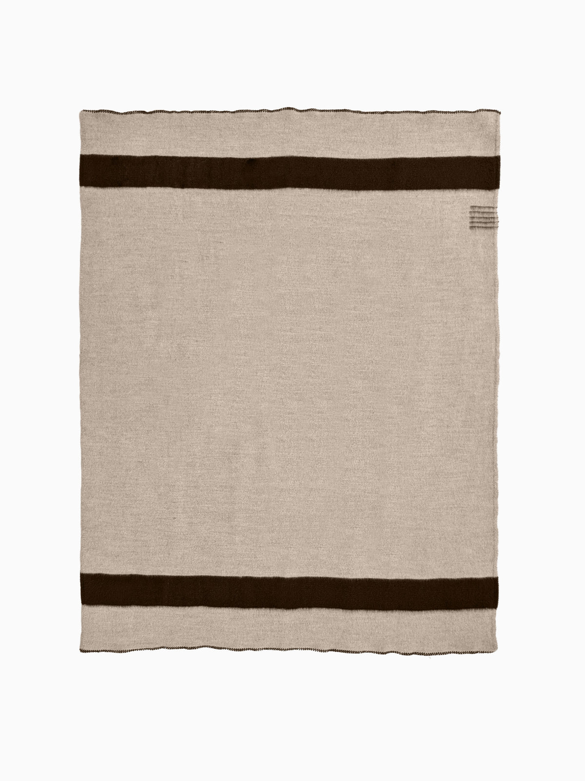 Top-down flat-lay of a natural warm gray wool blanket featuring horizontal black stripes.