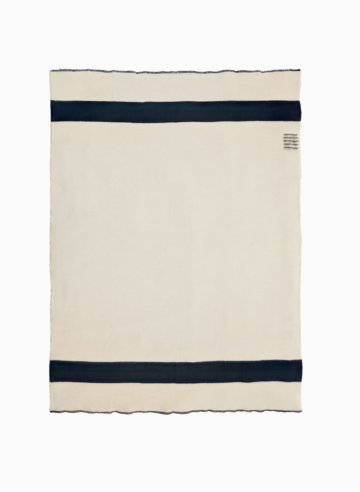 Top-down studio flat-lay of an off-white wool blanket with two horizontal black stripes.