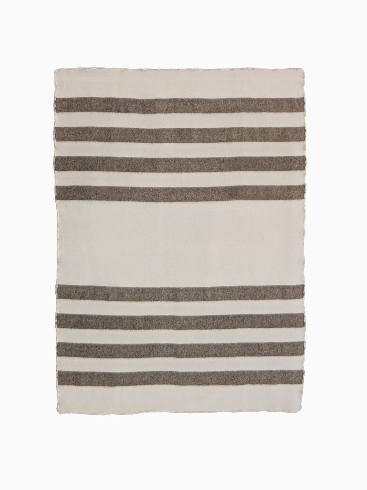 A flat view of undyed striped blanket or throw in ivory base with earth brown stripes.