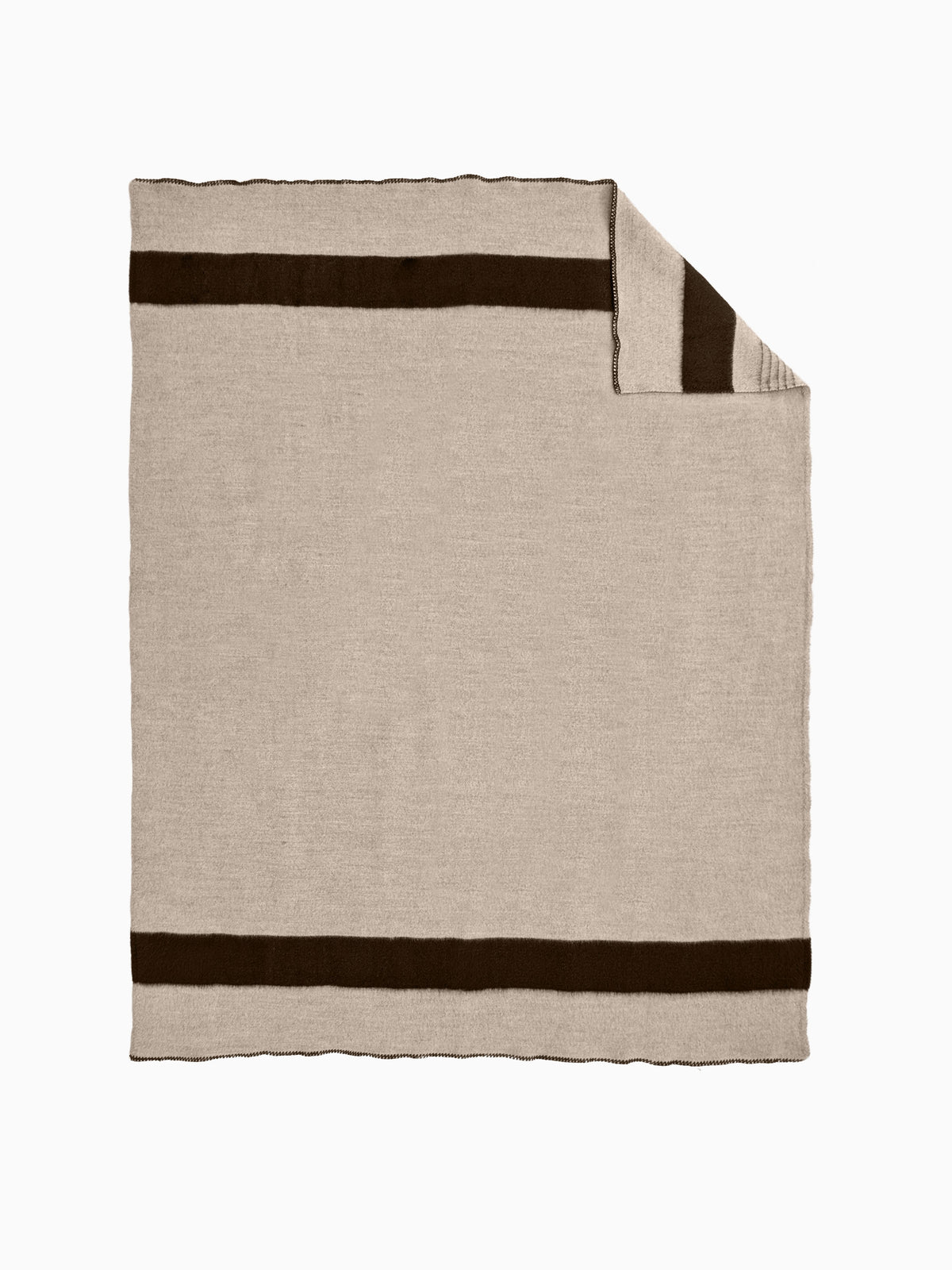 A light gray handwoven wool blanket with two bold horizontal black stripes, shown flat, with one corner folded over.