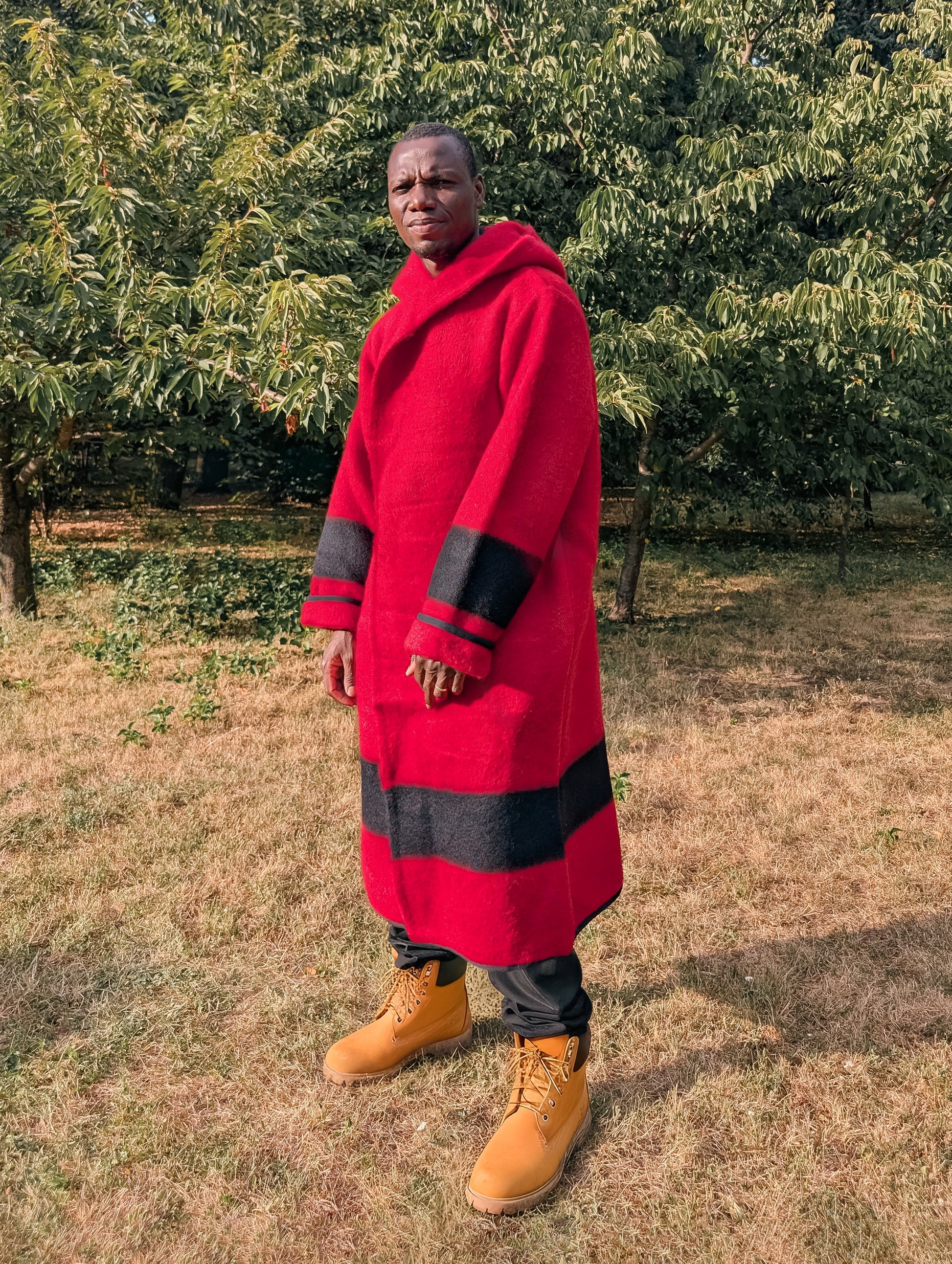 Long heritage red wool robe coat with black stripe
