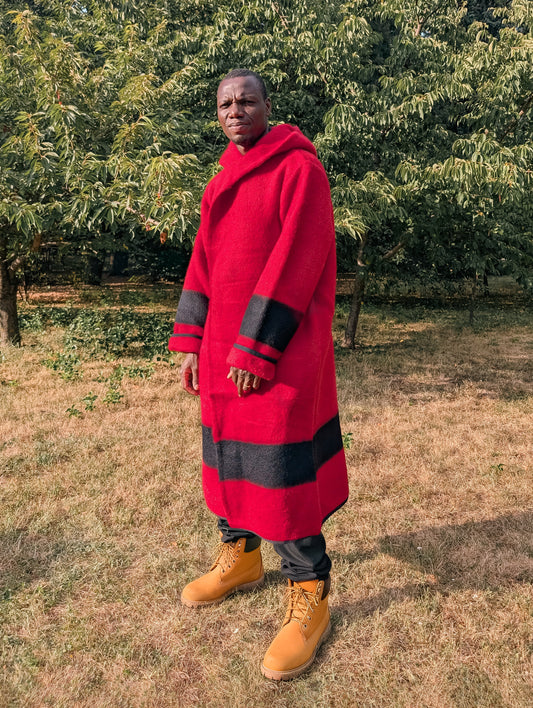 Long heritage red wool robe coat with black stripe