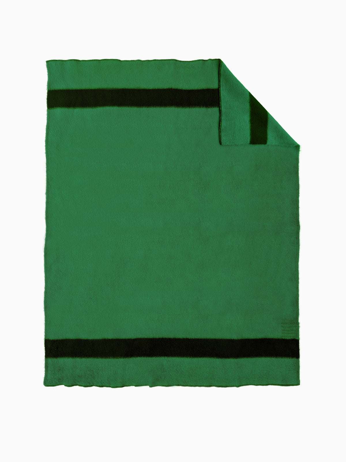 A green handwoven wool blanket with black stripes, shown flat with one corner folded over.