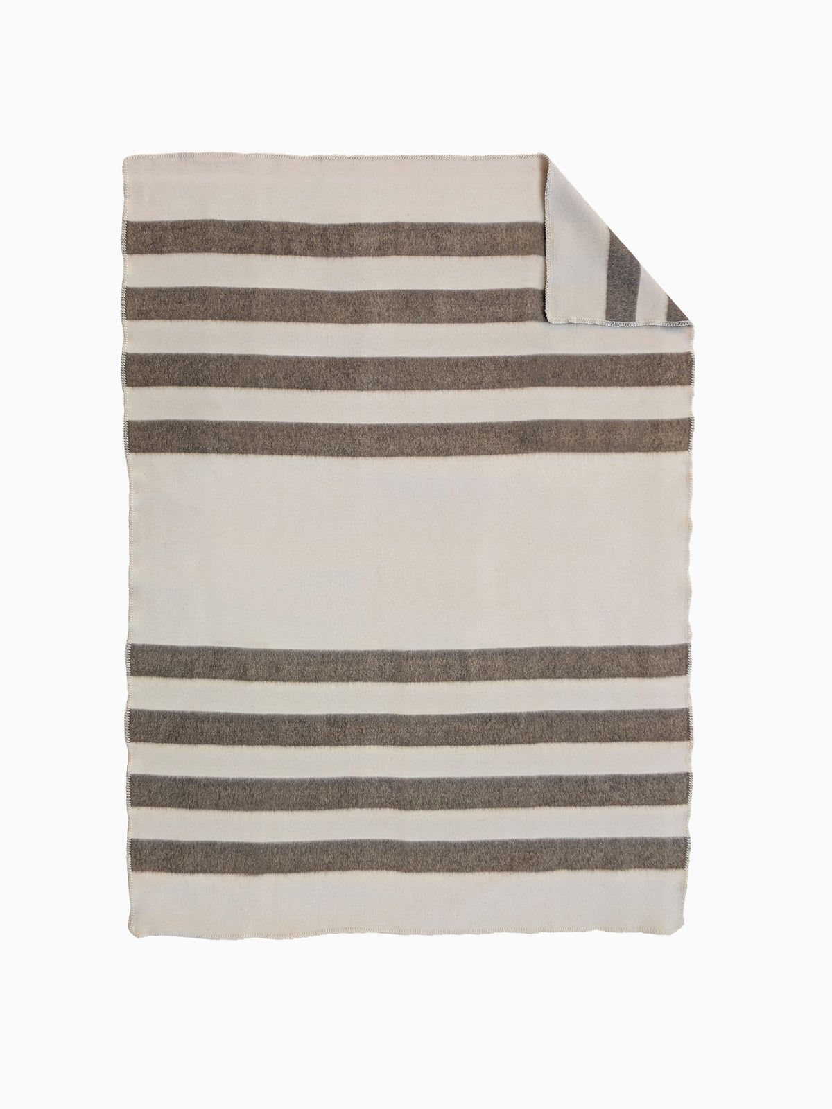 A flat view of undyed striped blanket or throw in off-white and dark brown natural colors.
