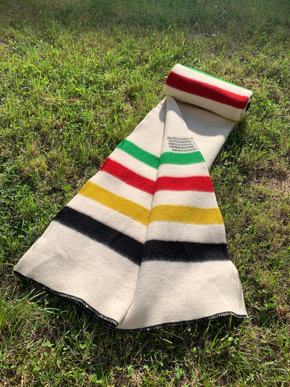 A top view of an Artisan handwoven Multistripe wool blanket, rolled out on the ground