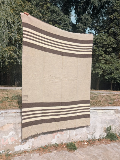 heritage oatmeal wool cabin throw with stripes in earth tones. Traditionally woven and undyed natural sheep's wool blanket.