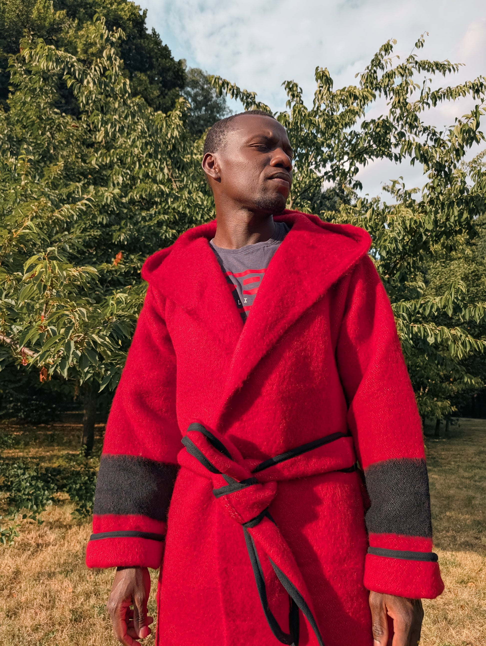 Warm and cozy red robe hooded blanket coat handmade from handwoven red  blanket with black stripes