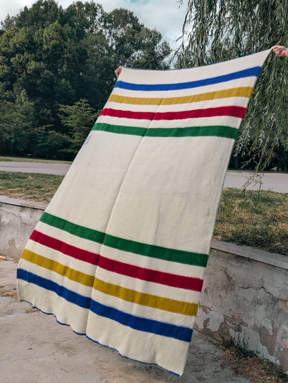Multistripe wool blanket held up outdoors with trees in the background