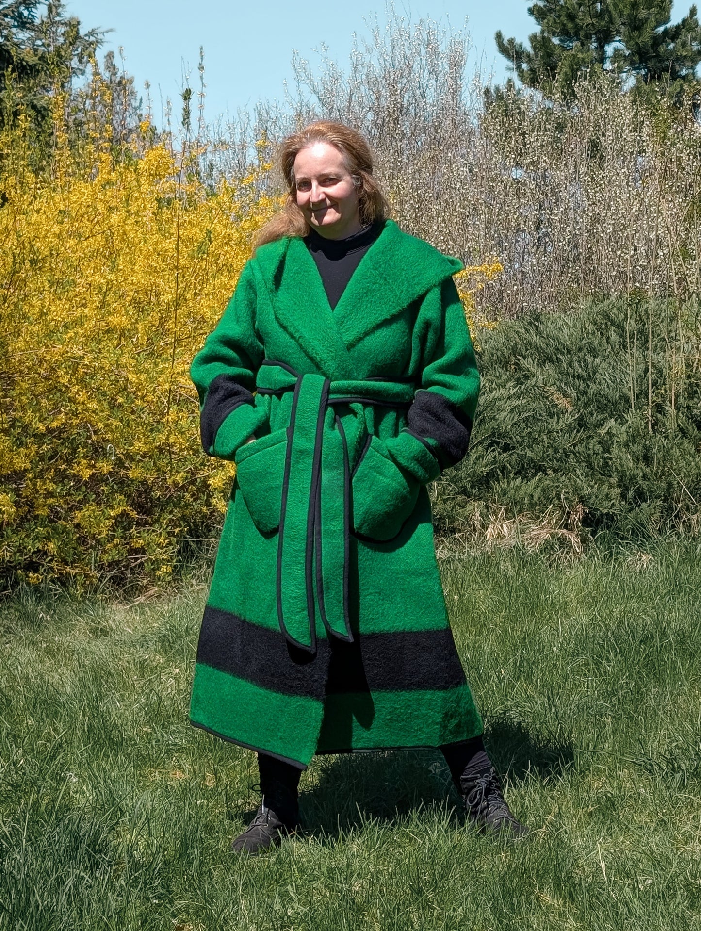 Cozy warm green capote coat with a belt, repurposed from a sustainable natural wool  blanket. 