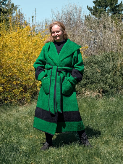 Cozy warm green capote coat with a belt, repurposed from a sustainable natural wool  blanket. 