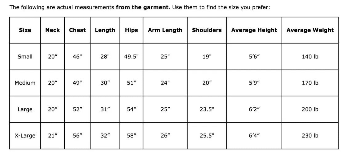 Measurement chart for clothing sizes with neck, chest, length, hips, arm length, shoulders, average height, and average weight measurements.