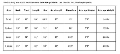 Measurement chart for clothing sizes with neck, chest, length, hips, arm length, shoulders, average height, and average weight measurements.