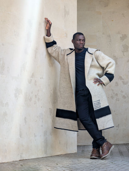 Men's long handwoven wool coat in elephant gray with oversized hood, black stripe and open wrap front