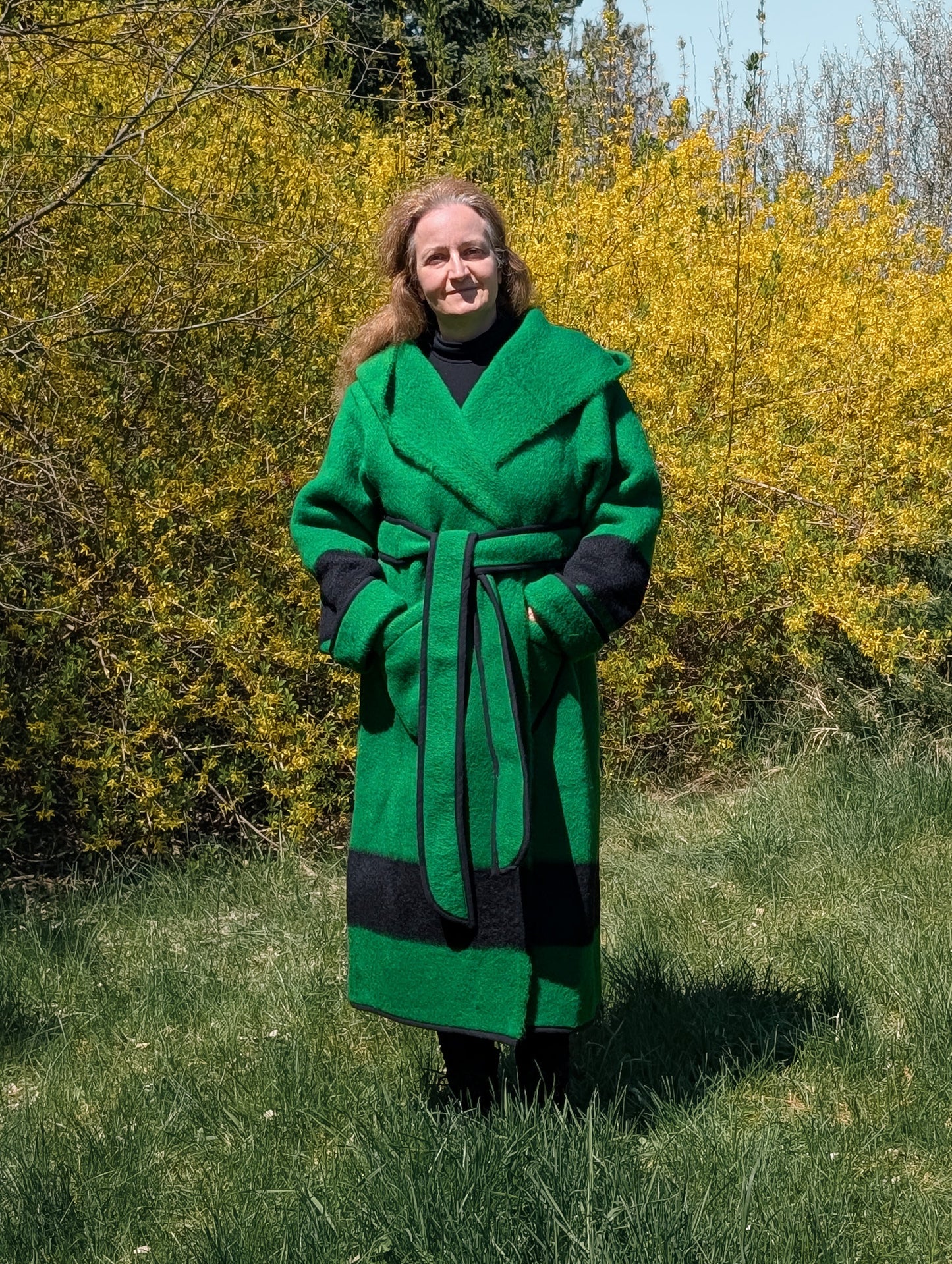 Cozy warm green capote repurposed from a single pure wool  blanket, perfect for reenactment and rendezvous events.