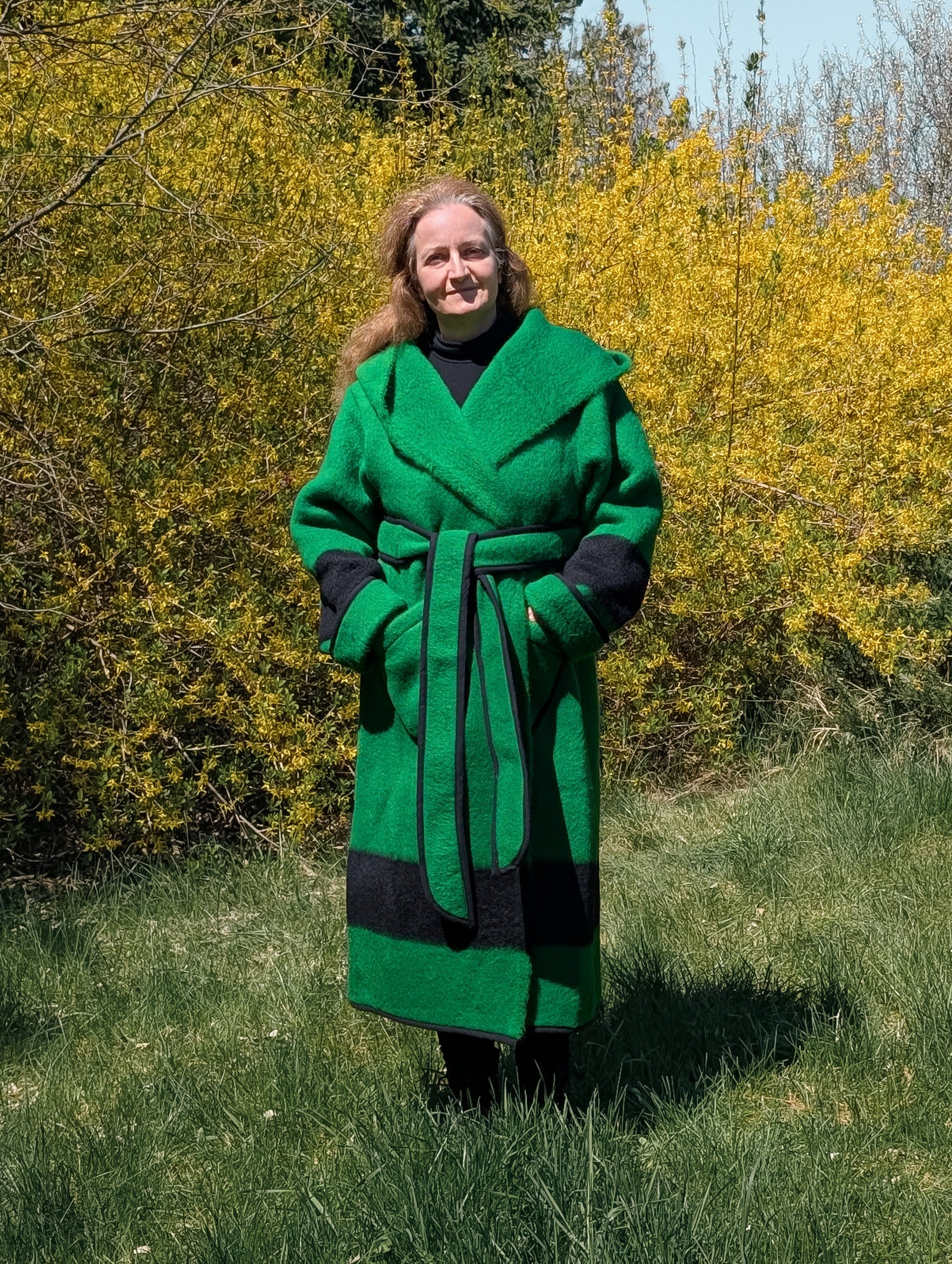 Cozy warm green capote repurposed from a single pure wool  blanket, perfect for reenactment and rendezvous events.