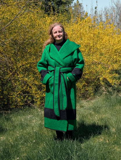 Cozy warm green capote repurposed from a single pure wool  blanket, perfect for reenactment and rendezvous events.