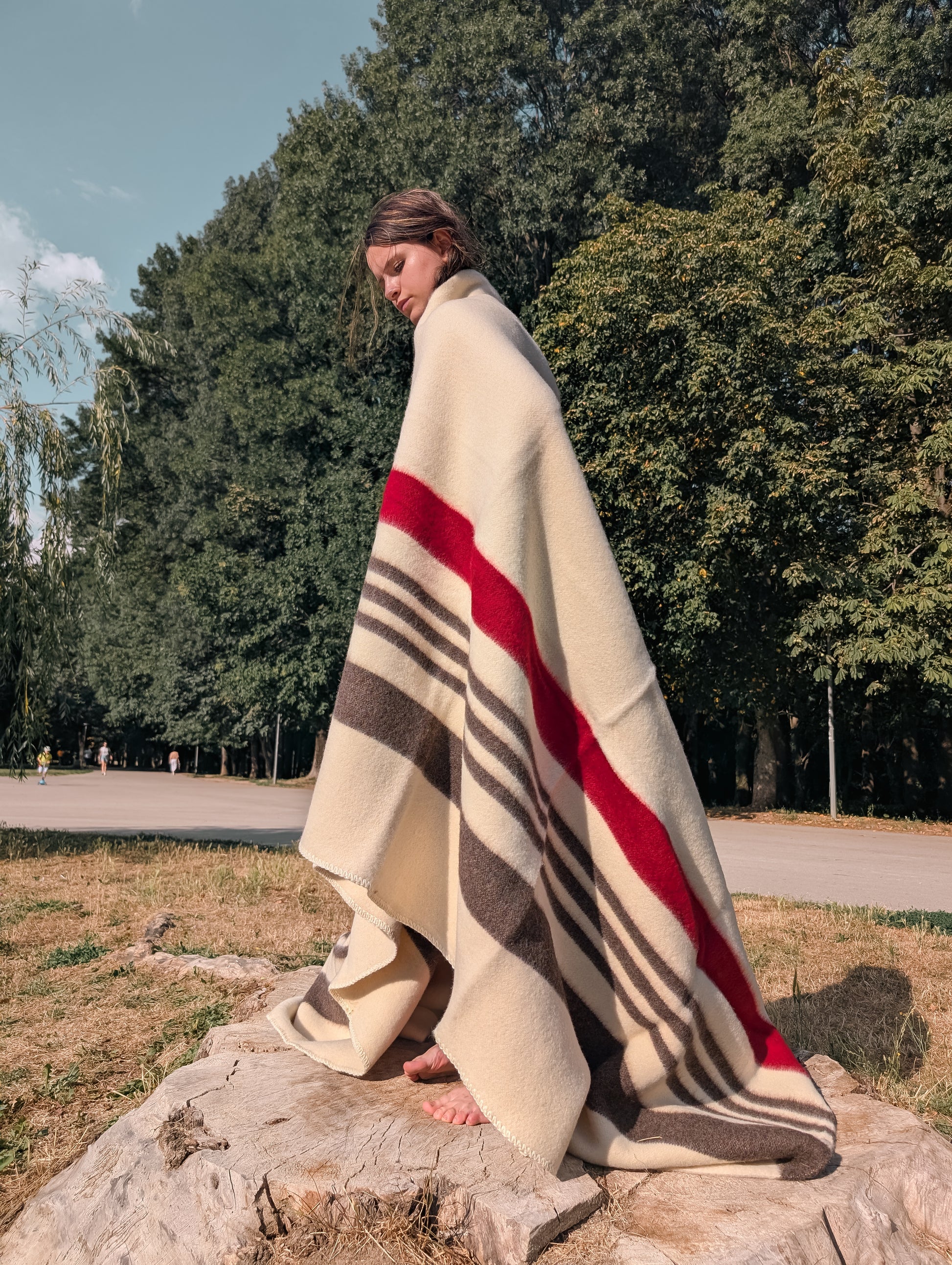 Heirloom ivory blanket throw with multicolored stripes, all handwoven from 100% wool