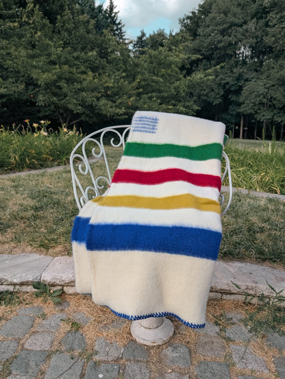 multistripe wool blanket draped over a chair outdoors with trees in the background