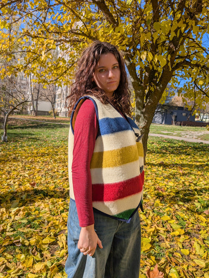 Woman wearing premium quality bespoke blanket sleeveless jacket, suitable for all ocassions, looking best on any age. A unisex outerwear for modern sustainable life.