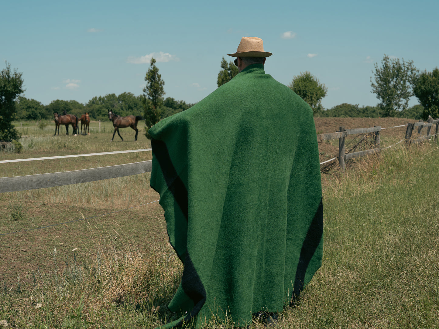Person wrapped in a green pioneer blanket standing in a field with horses in the background