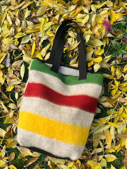 Striped tote bag with red, yellow, and green stripes on a bed of leaves