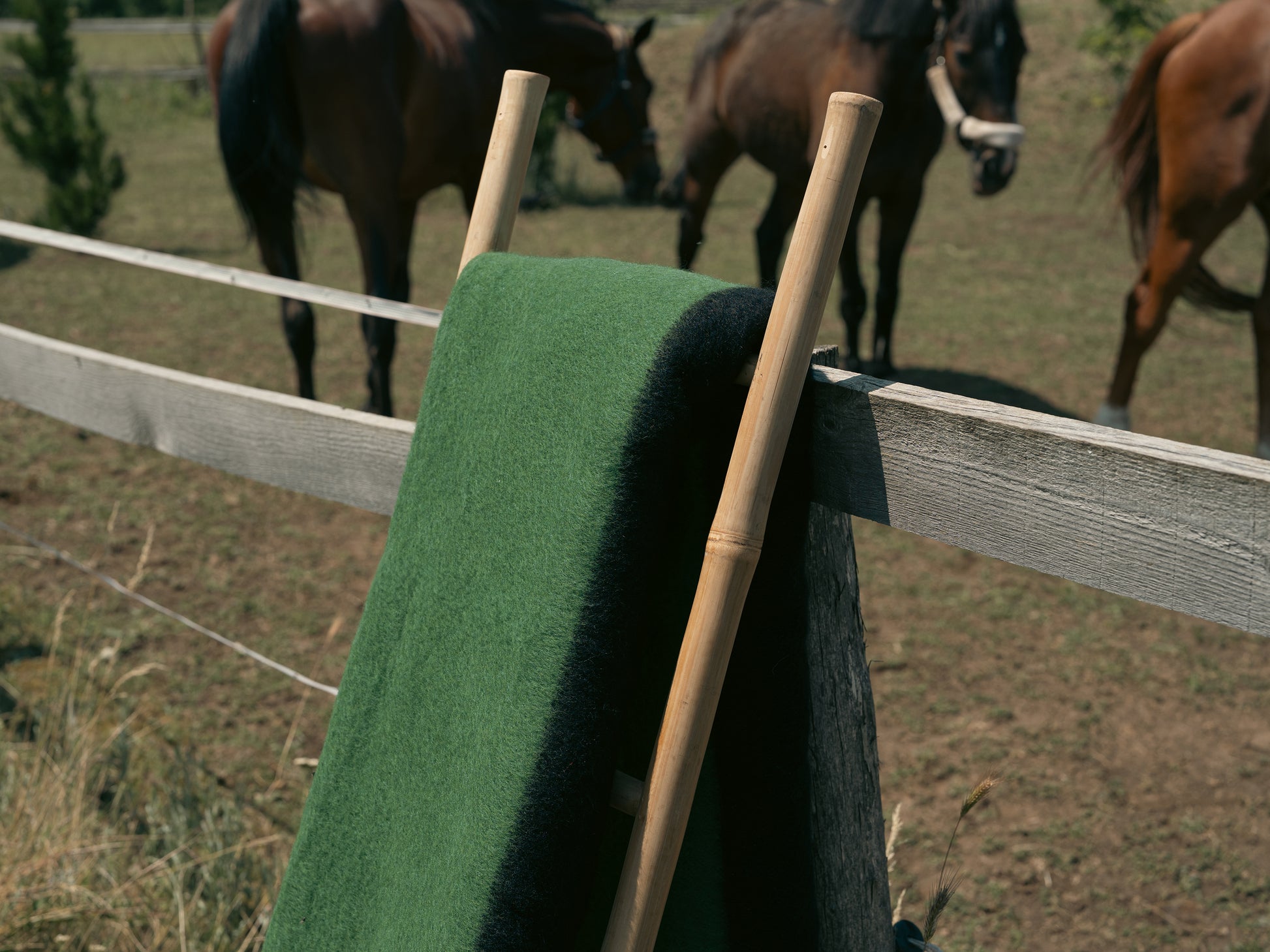 Luxury wool camp blanket on a wooden post with horses in the background