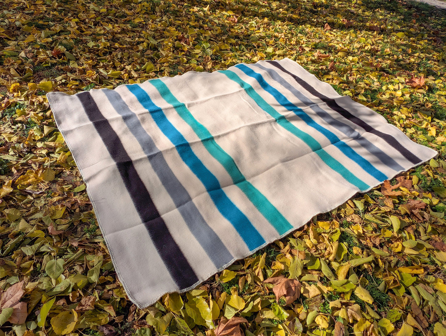 Handmade striped picnic blanket on a grassy ground with fallen leaves