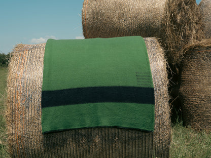 Hay bale with a top quality green striped blanket on top in an outdoor setting