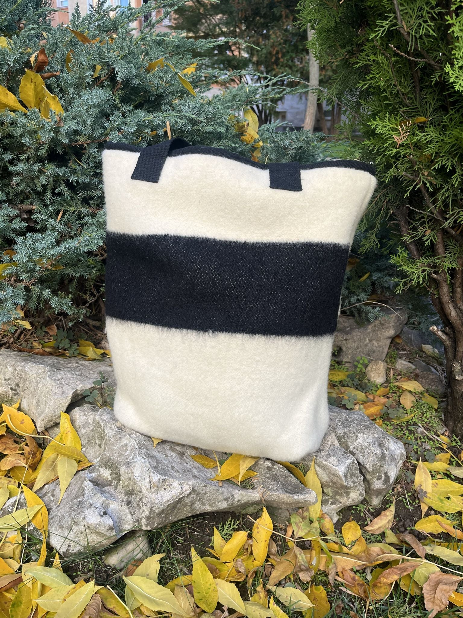 Stripe tote bag in ecru with a stylish black stripe accent, made-to-order from handmade wool blanket cuts.