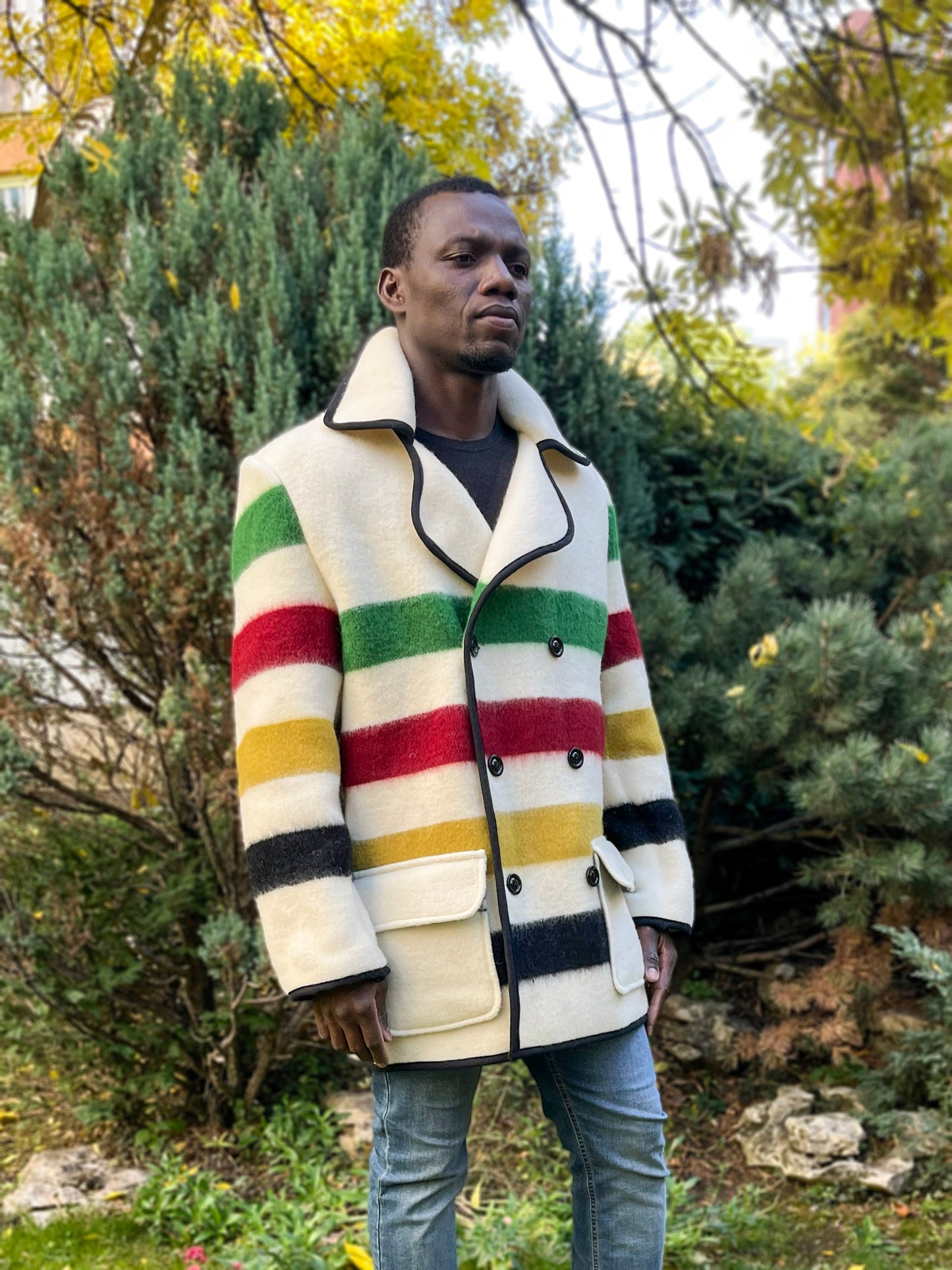 Man looking cool in a stylish 1970 retro style peacoat.