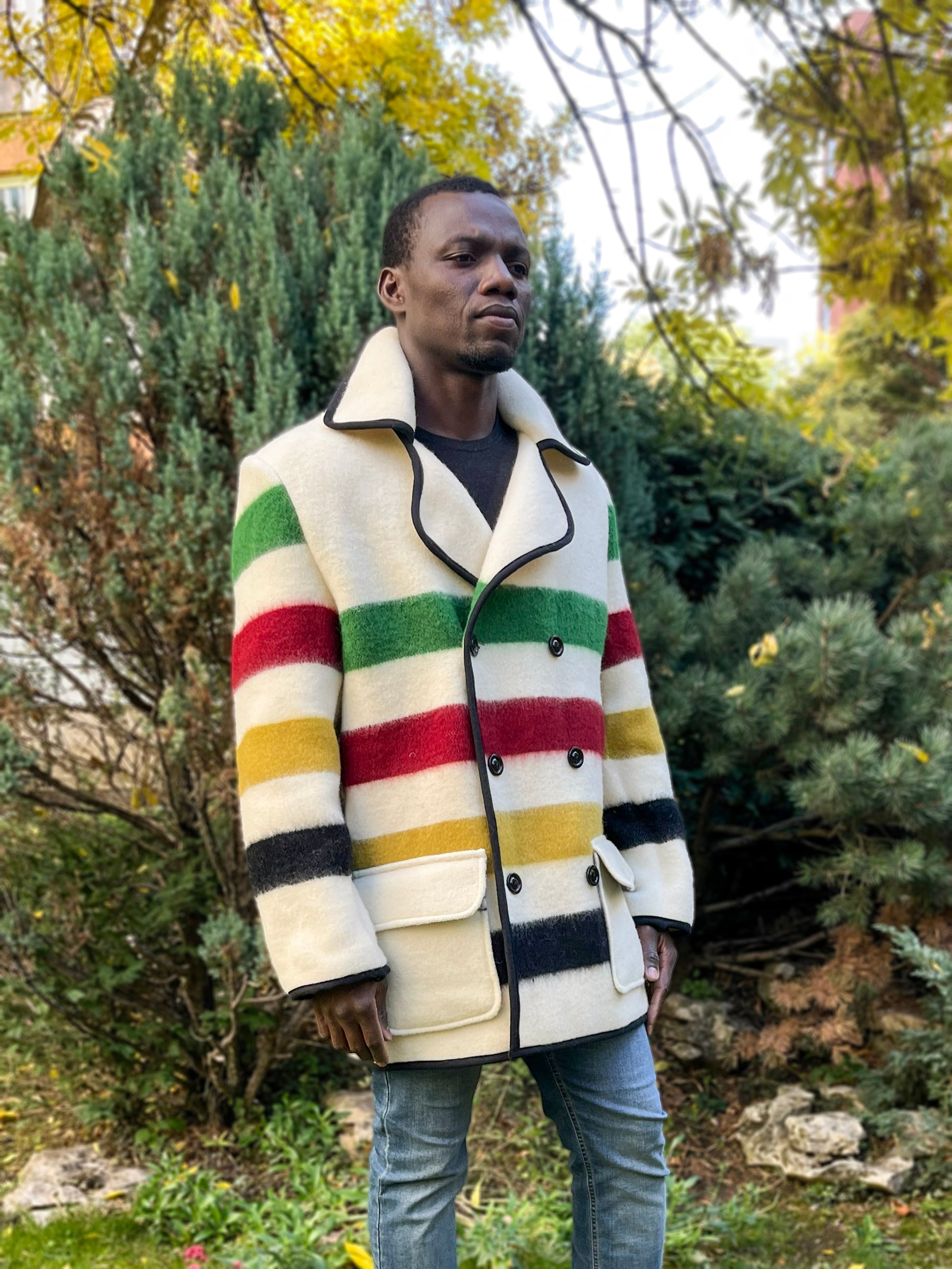 Man looking cool in a stylish 1970 retro style peacoat.