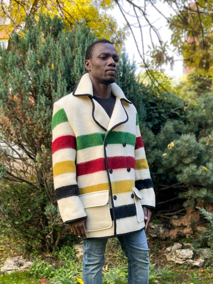 Man looking cool in a stylish 1970 retro style peacoat.