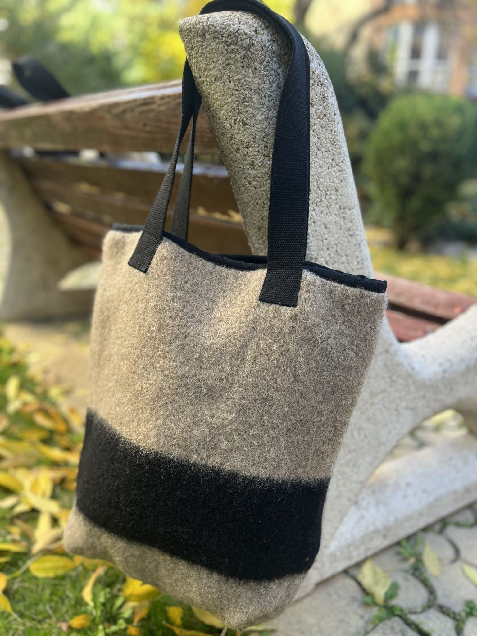 Oatmeal gray handmade artisan bucket bag made from upcycled wool blanket.