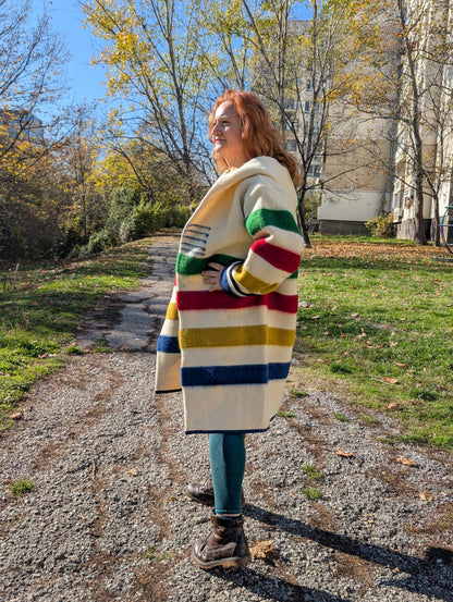 Loose off-white multi-stripe midi wool  blanket jacket with hood and belt.