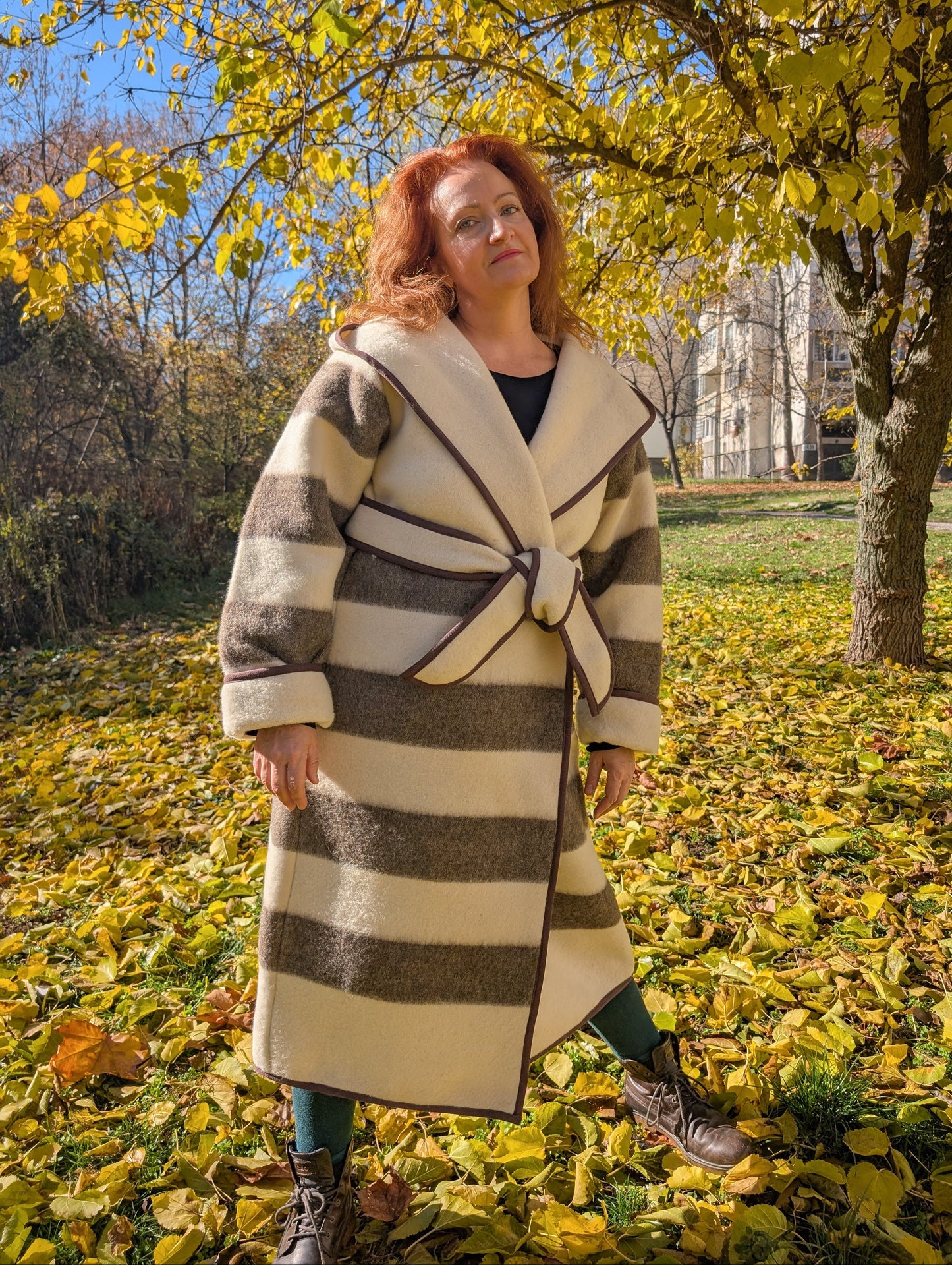 Boho style belted duster coat upcycled from handwoven organic wool blanket in light beige and natural brown stripes, 