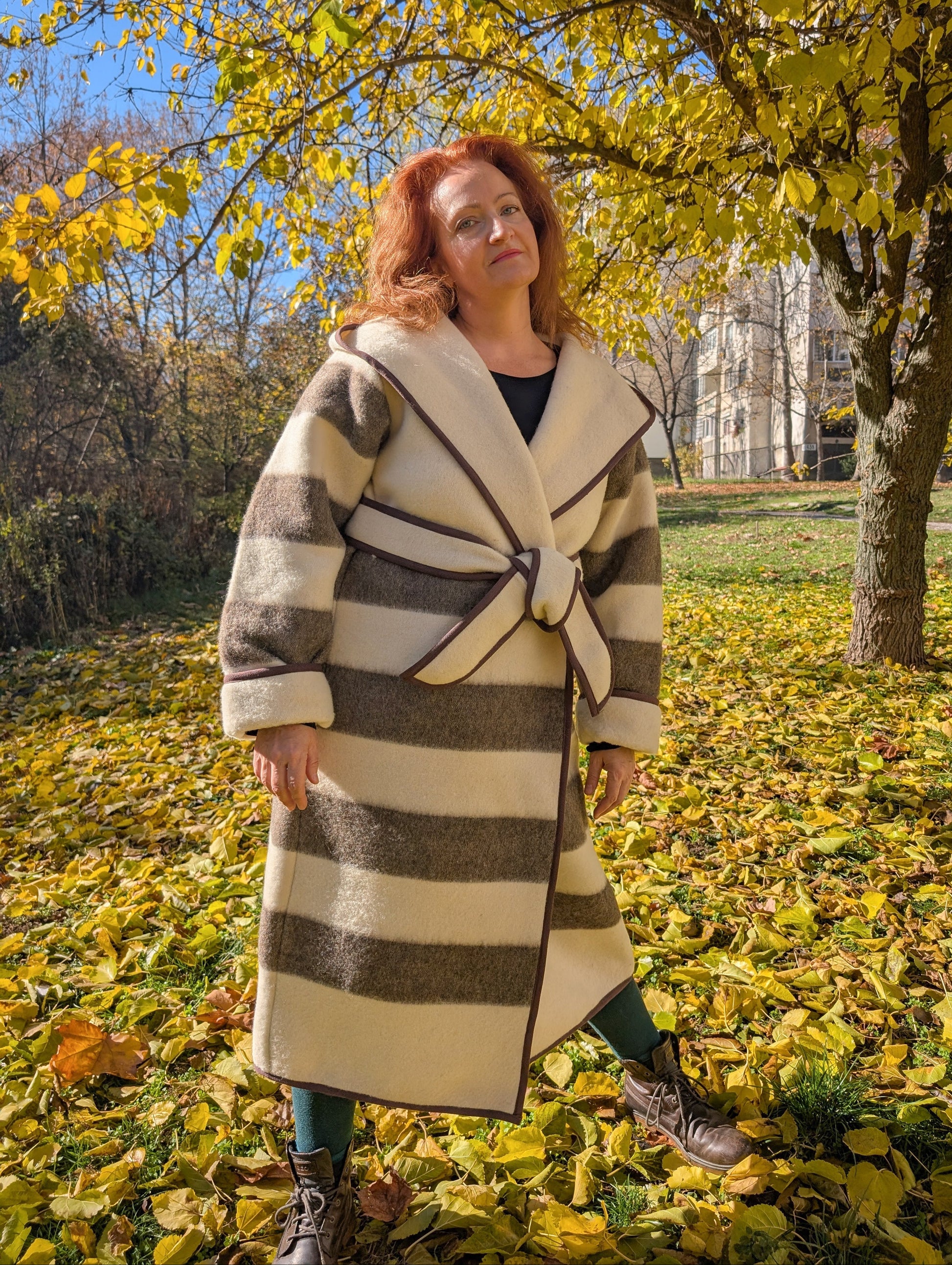 Boho style belted duster coat upcycled from handwoven organic wool blanket in light beige and natural brown stripes, 