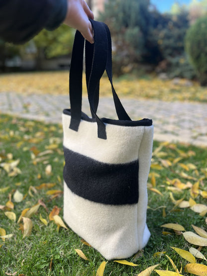 Off-white stripe tote bag ideal for shopping, walks, events and travel; upcycled from traditional iconic wool blanket.