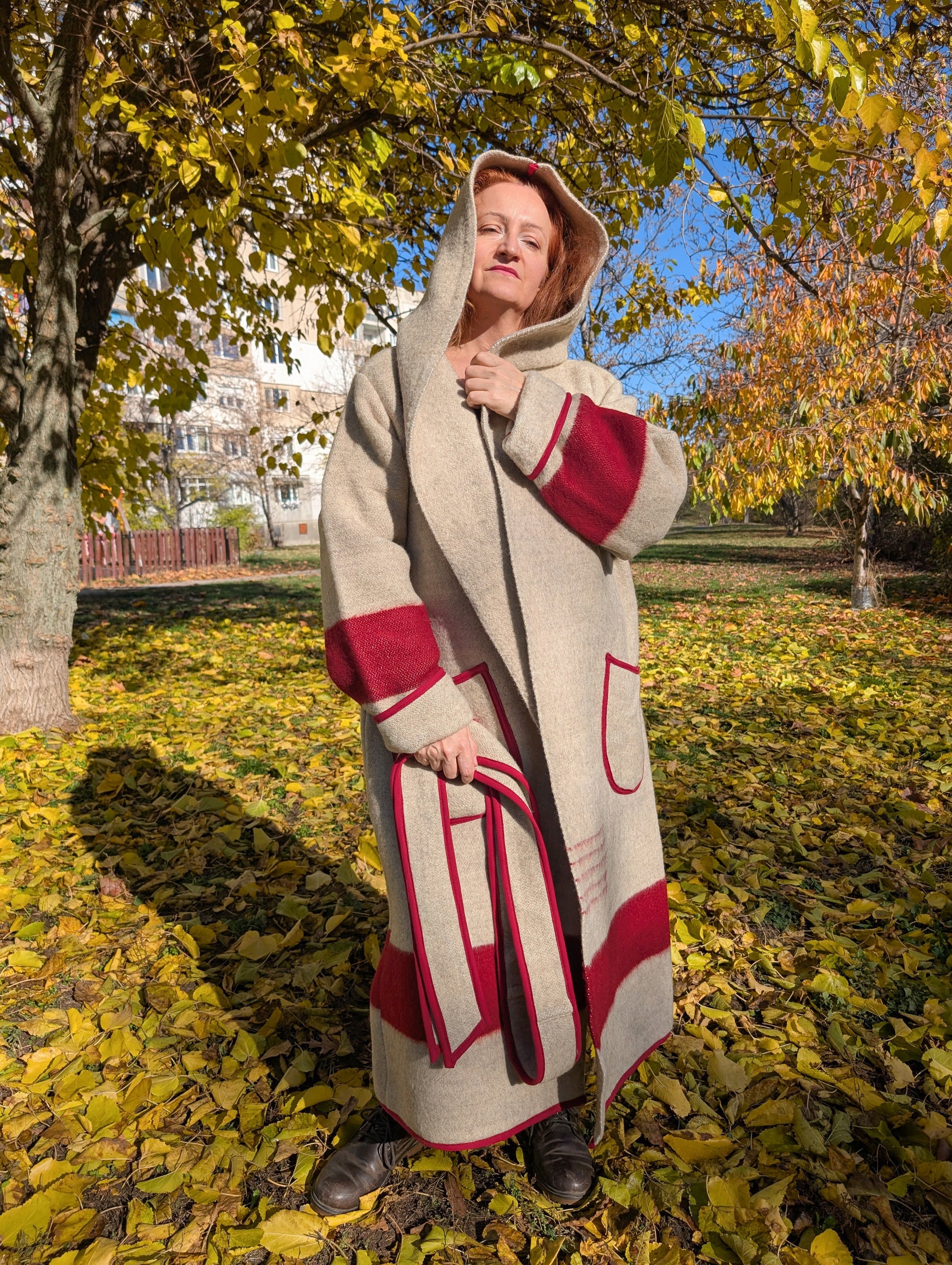 Long Hooded Blanket Capote Coat suitable for fall and winter. Model can be worn loose or belted. Tailor made by pure wool blanket.