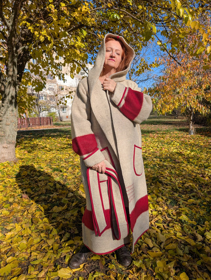 Long Hooded Blanket Capote Coat suitable for fall and winter. Model can be worn loose or belted. Tailor made by pure wool blanket.