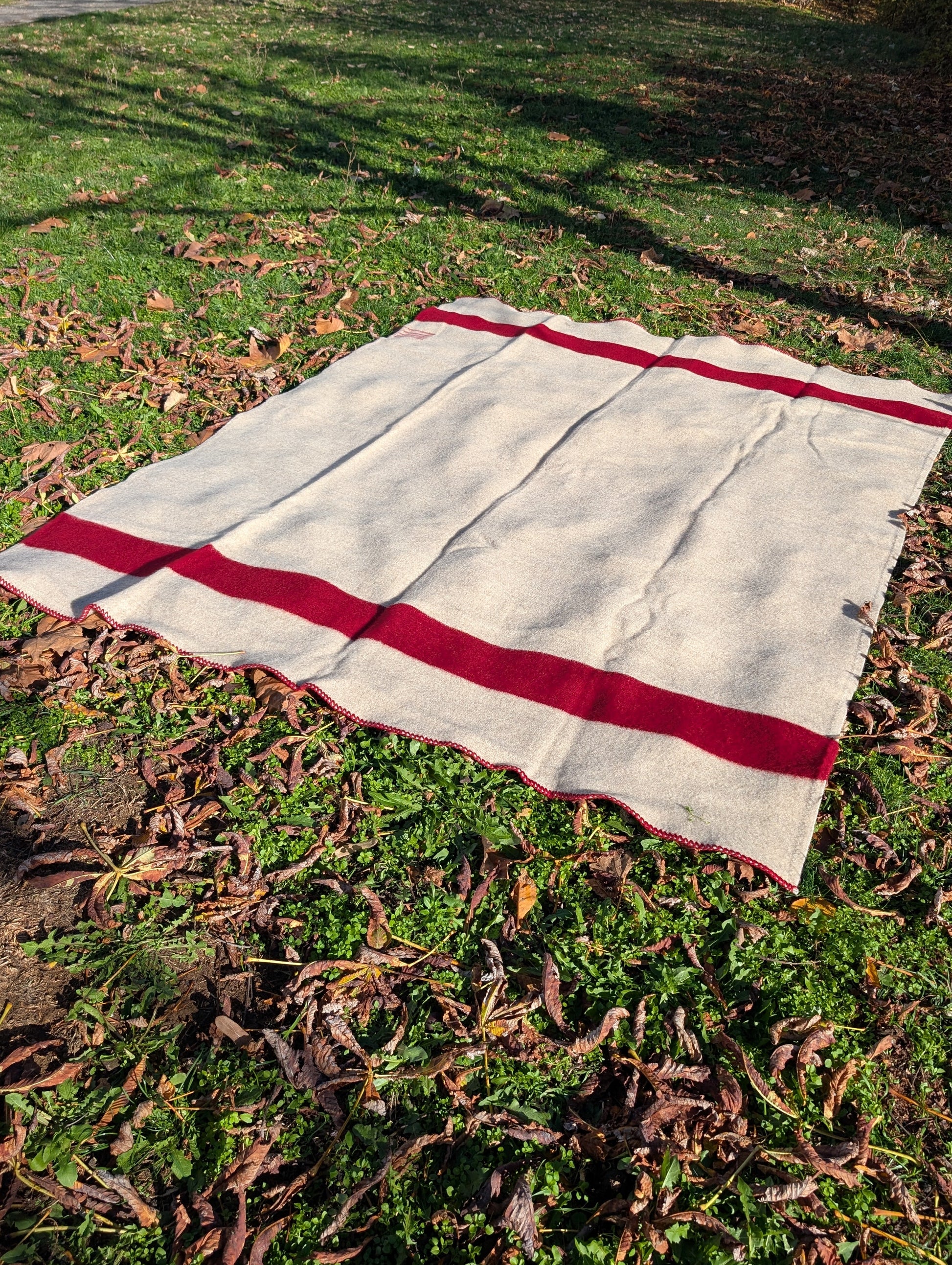 Luxurious organic handspun wool blanket in oatmeal base with red stripes.