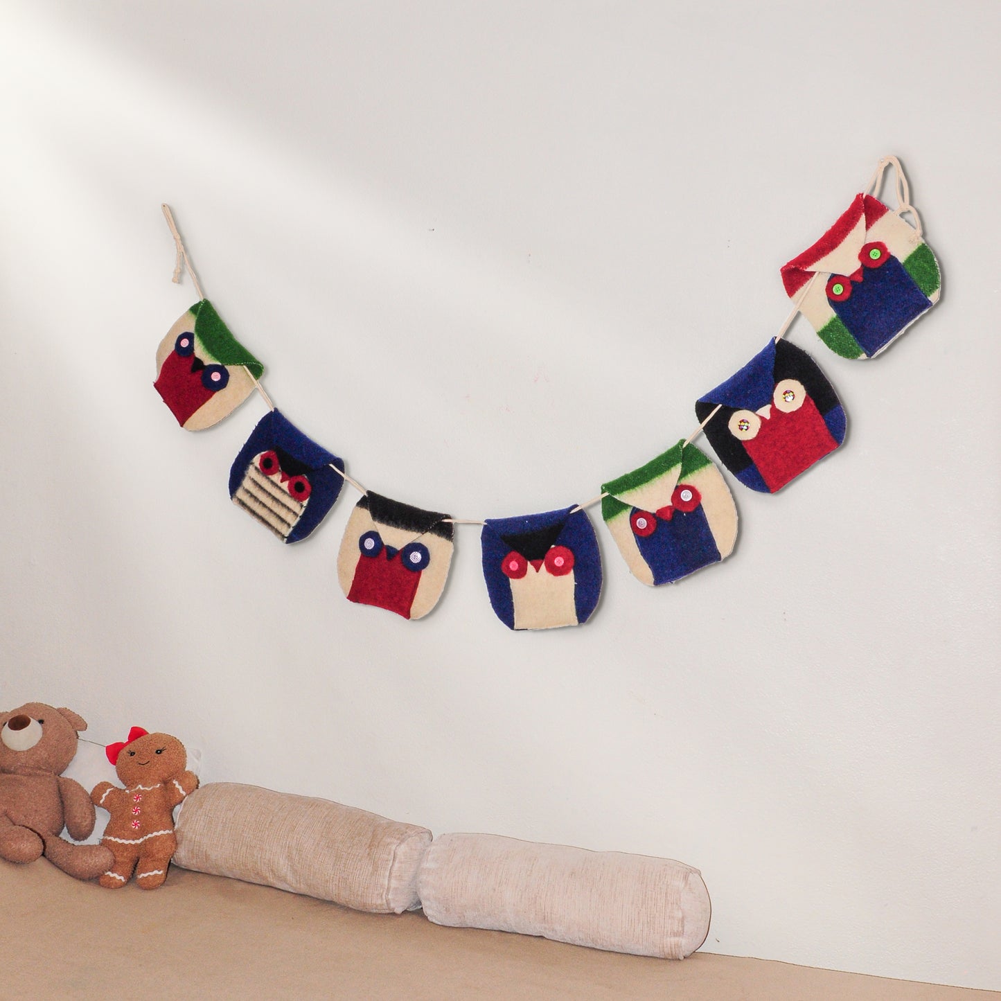 Woodland banner wall garland with colorful owls recycled from frontier blanket cuts