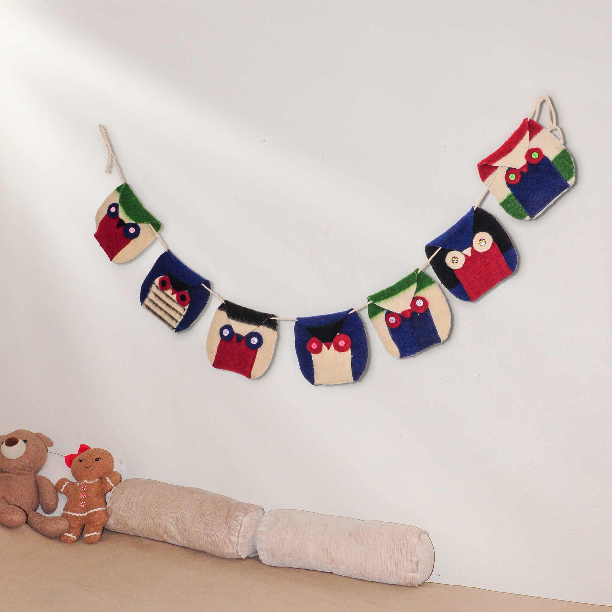 Woodland banner wall garland with colorful owls recycled from frontier blanket cuts
