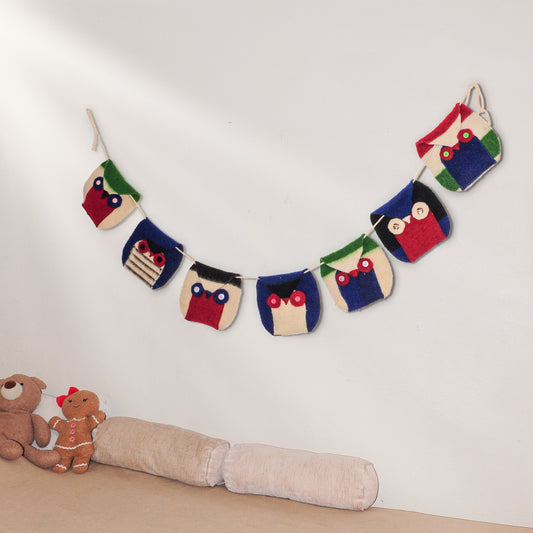 Woodland banner wall garland with colorful owls recycled from frontier blanket cuts
