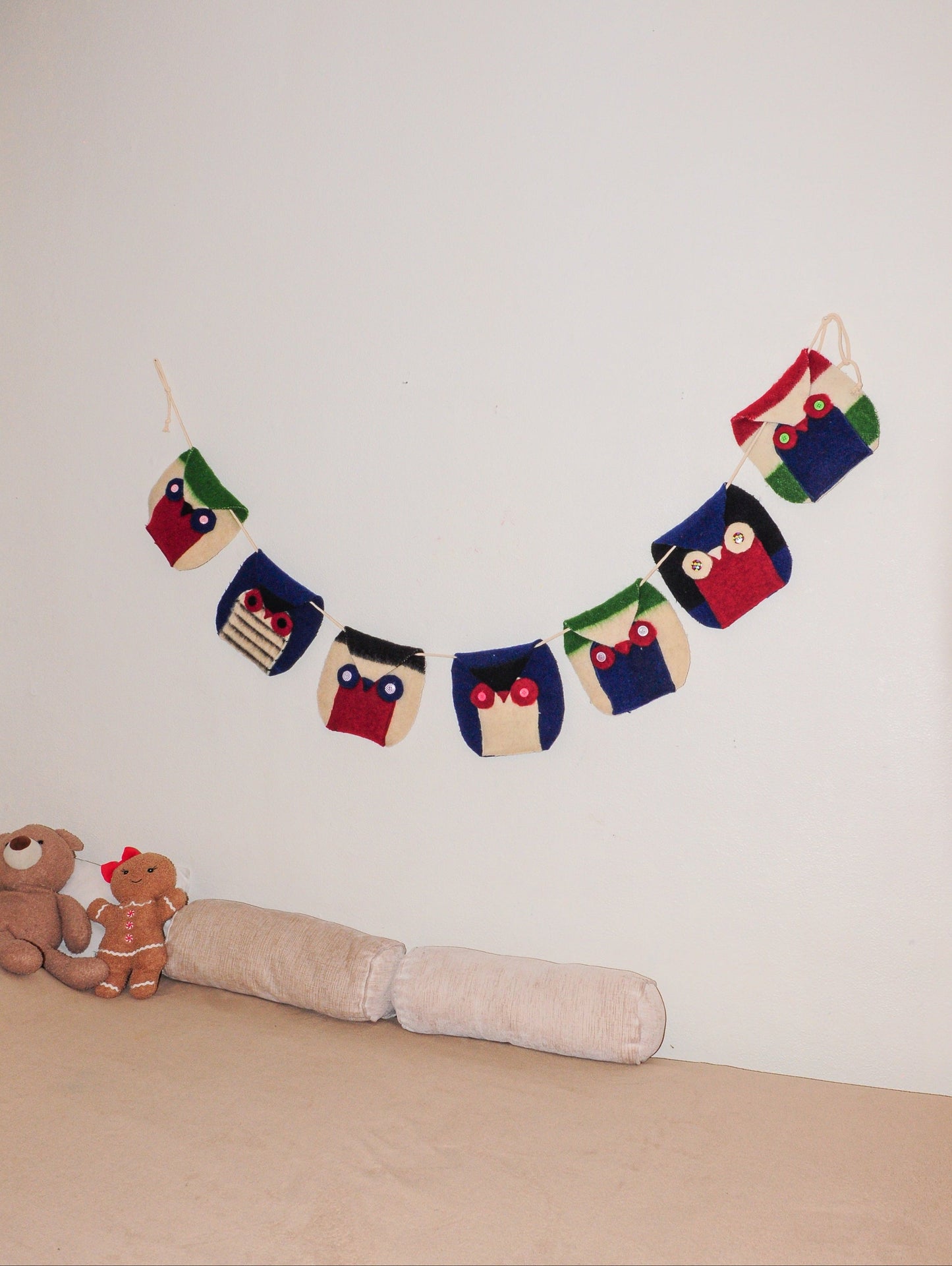 Decorative handmade wall banner woodland characters, upcycled from premium wool striped blankets. Best for minimalistic home decor and scandinavian interior.