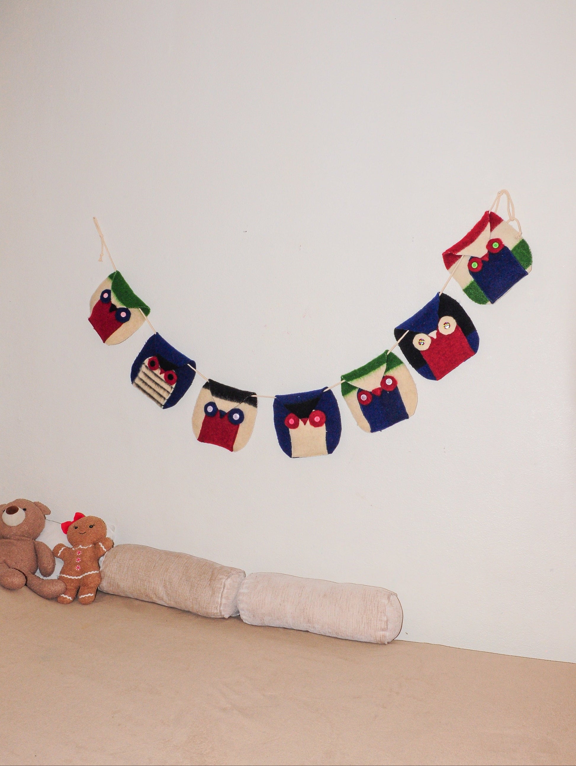 Decorative handmade wall banner woodland characters, upcycled from premium wool striped blankets. Best for minimalistic home decor and scandinavian interior.