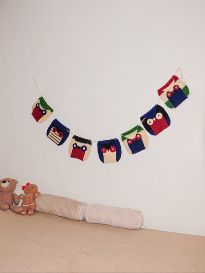 Decorative handmade wall banner woodland characters, upcycled from premium wool striped blankets. Best for minimalistic home decor and scandinavian interior.