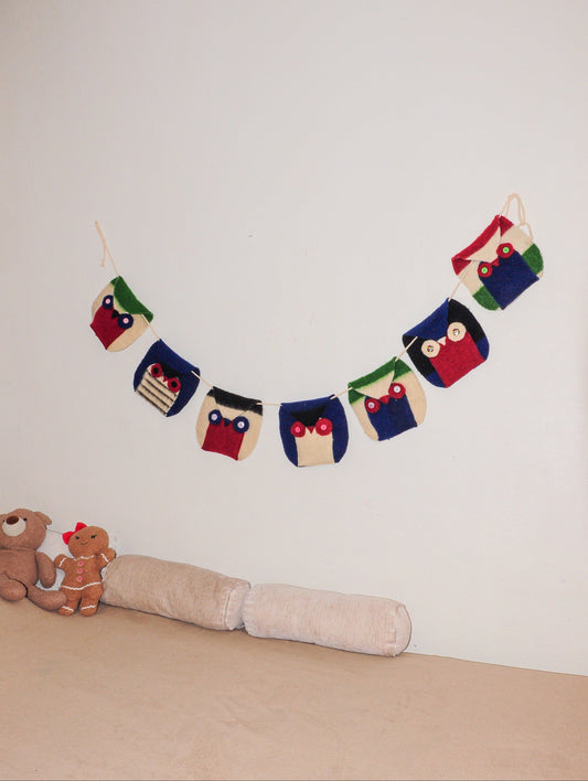 Decorative handmade wall banner woodland characters, upcycled from premium wool striped blankets. Best for minimalistic home decor and scandinavian interior.