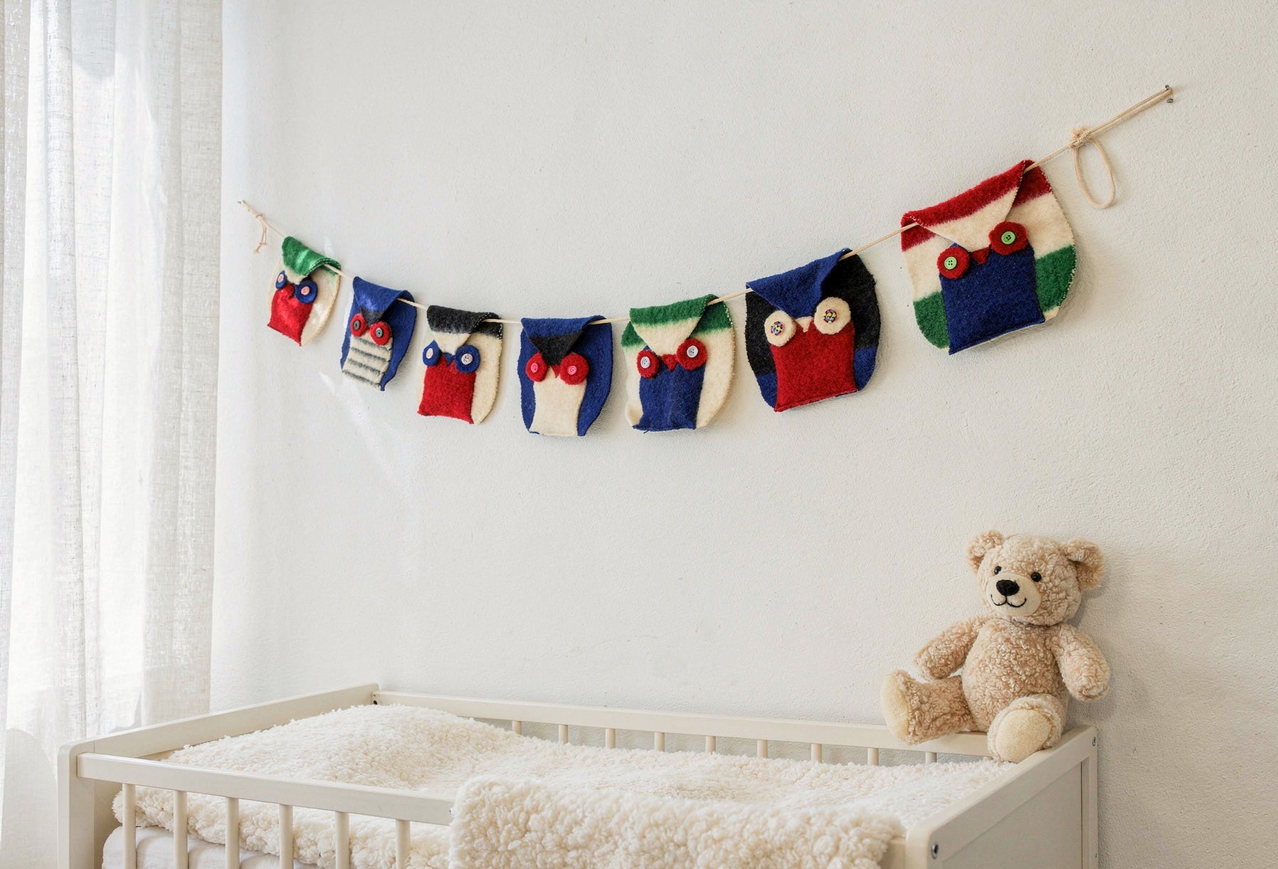 Decorative handmade wall banner woodland characters, upcycled from premium wool striped blankets. Best for minimalistic home decor and scandinavian interior.